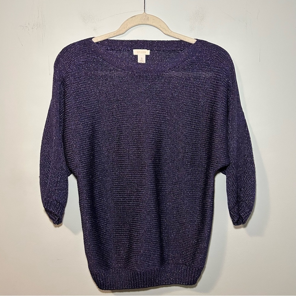 Chico’s Blue & Gold Glitter Knit 1/2 Sleeve Blouse Size Medium